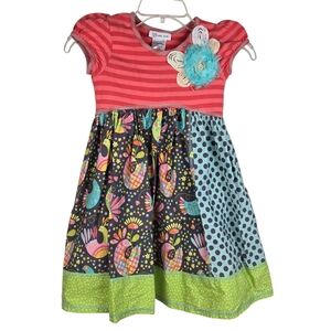 Bonnie Jean Dress Sz 6X Striped Contrasting Patterns Bird Dots Short Sleeve